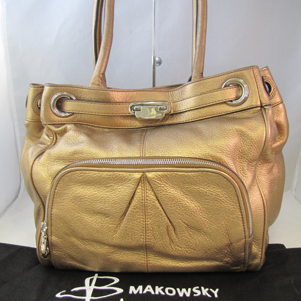 B Makowsky Vivian Pebbled Leather Dark Gold Bag